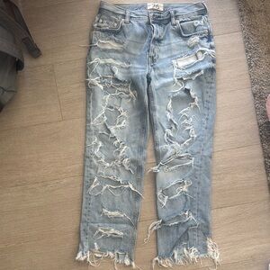 Free People Blue Straight Leg Jeans with Distressed Detailing